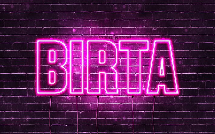 birta, 4k, hintergrundbilder mit namen, weibliche namen, birta-name, lila neonlichter, happy birthday birta, beliebte isl&#228;ndische weibliche namen, bild mit birta-namen