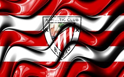 Athletic Bilbao bayrağı, 4k, kırmızı ve beyaz 3D dalgalar, LaLiga, İspanyol futbol kul&#252;b&#252;, futbol, Athletic Bilbao logosu, La Liga, Athletic Bilbao FC