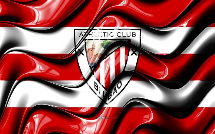 Bandeira do Athletic Bilbao, 4k, ondas 3D vermelhas e brancas, LaLiga, clube de futebol espanhol, futebol, logotipo do Athletic Bilbao, La Liga, Athletic Bilbao FC