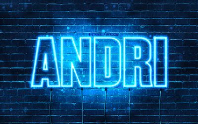 Andri, 4k, pap&#233;is de parede com nomes, nome de Andri, luzes de n&#233;on azuis, feliz anivers&#225;rio Andri, nomes masculinos islandeses populares, foto com o nome de Andri