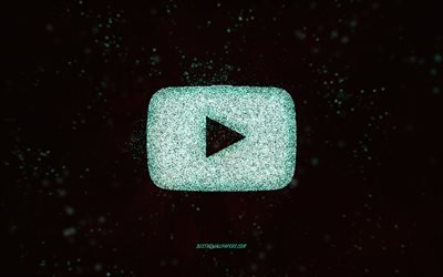 YouTube glitterlogotyp, svart bakgrund, YouTube-logotyp, turkos glitterkonst, YouTube, kreativ konst, YouTube turkos glitterlogo
