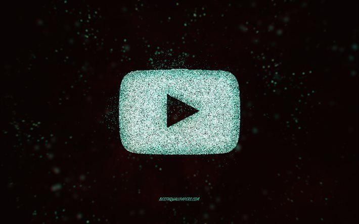 YouTube glitter logo, black background, YouTube logo, turquoise glitter art, YouTube, creative art, YouTube turquoise glitter logo
