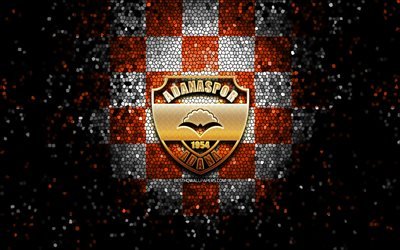 Adanaspor FC, glitter logo, 1 Lig, orange white checkered background, soccer, turkish football club, Adanaspor logo, mosaic art, TFF First League, football, Adanaspor AS