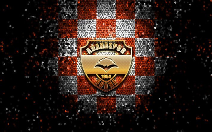 Adanaspor FC, logo glitter, 1 Lig, sfondo a scacchi bianco arancione, calcio, squadra di calcio turca, logo Adanaspor, arte del mosaico, TFF First League, Adanaspor AS