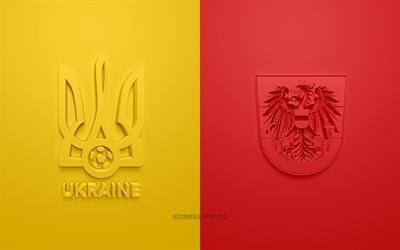 ukraine gegen &#246;sterreich, uefa euro 2020, gruppe c, 3d-logos, gelb-roter hintergrund, euro 2020, fu&#223;ballspiel, &#246;sterreichische fu&#223;ballnationalmannschaft, ukrainische fu&#223;ballnationalmannschaft