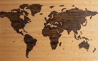 Wooden world map, light wooden background, world map concepts, continents map, Earth