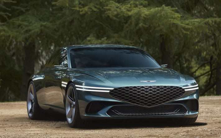 Genesis X Concept, 2021, vista frontale, coup&#233; di lusso, nuova X Concept verde, auto britanniche, Genesis