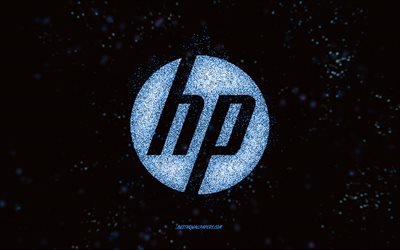 شعار HP اللامع, خلفية سوداء 2x, شعار HP, Hewlett-Packard, الفن بريق الأزرق, نفيديا, فني إبداعي, شعار HP باللون الأزرق اللامع