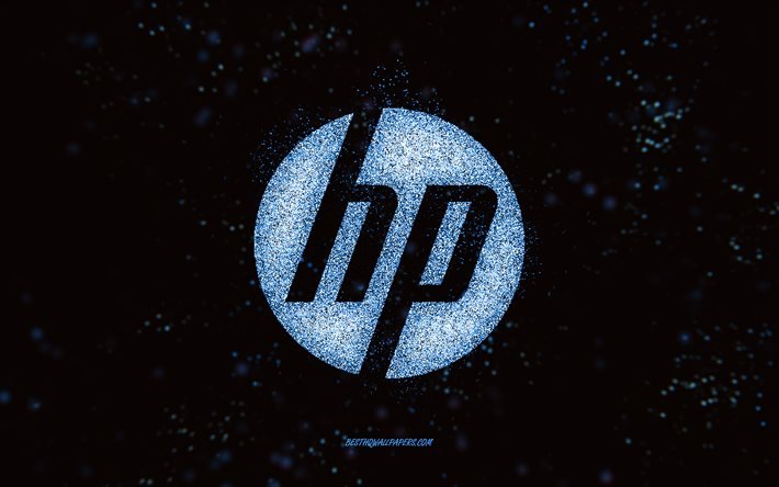 Logo HP glitter, sfondo nero, logo HP, logo Hewlett-Packard, grafica blu glitter, Nvidia, arte creativa, logo HP blu glitter, Hewlett-Packard