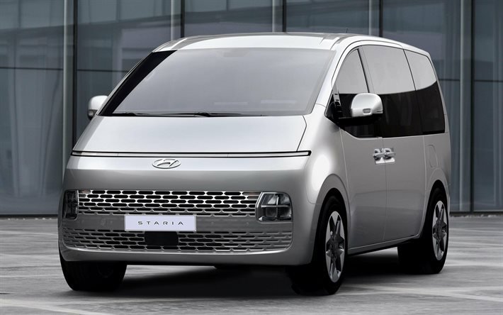 Hyundai Staria, 2021, exterior, front view, minivan, new silver Staria, Korean cars, Hyundai