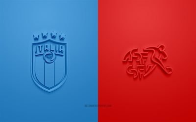Italien vs Schweiz, UEFA Euro 2020, Grupp A, 3D-logotyper, blå röd bakgrund, Euro 2020, fotbollsmatch, Italiens fotbollslandslag, Schweiz fotbollslandslag