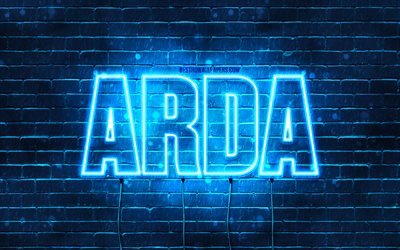 Arda, 4k, wallpapers with names, Arda name, blue neon lights, Happy Birthday Arda, popular turkish male names, picture with Arda name