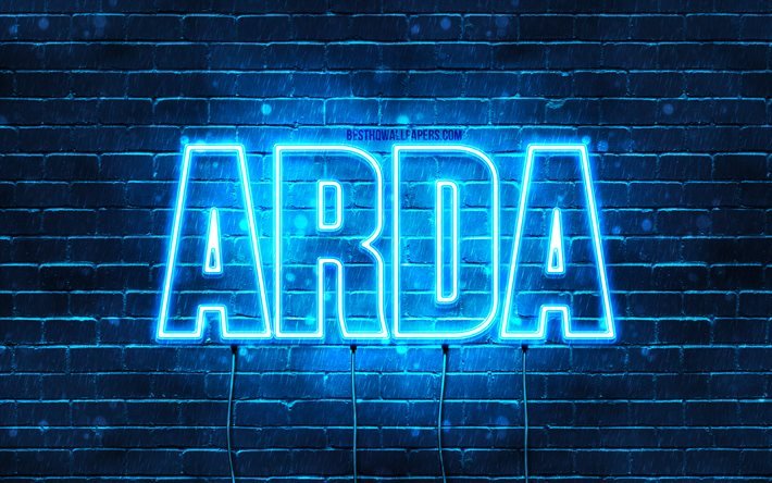 Arda, 4k, fonds d&#39;&#233;cran avec des noms, nom Arda, n&#233;ons bleus, joyeux anniversaire Arda, noms masculins turcs populaires, photo avec nom Arda