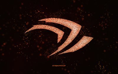 Logotipo com glitter da Nvidia, fundo preto, logotipo da Nvidia, arte com glitter laranja, Nvidia, arte criativa, logotipo com glitter laranja da Nvidia