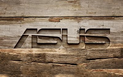 Asus wooden logo, 4K, wooden backgrounds, brands, Asus logo, creative, wood carving, Asus