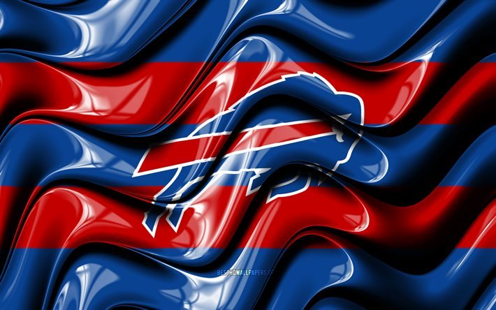 Buffalo Bills bayrağı, 4k, mavi ve kırmızı 3D dalgalar, NFL, Amerikan futbol takımı, Buffalo Bills logosu, Amerikan futbolu, Buffalo Bills