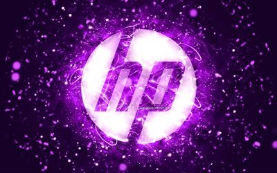 HP violetti logo, 4k, violetti neonvalot, luova, Hewlett-Packard logo, violetti abstrakti tausta, HP logo, Hewlett-Packard, HP