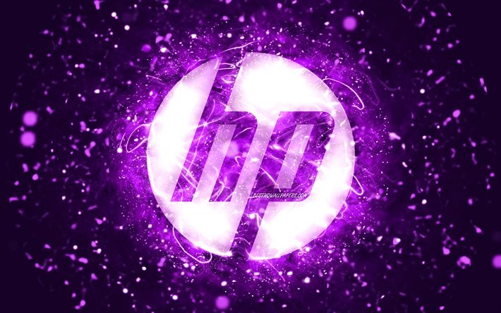 hp violettlogo, 4k, violette neonlichter, kreativ, hewlett-packard logo, violetter abstrakter hintergrund, hp logo, hewlett-packard, hp