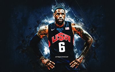 LeBron James, sele&#231;&#227;o de basquete dos EUA, EUA, jogador de basquete americano, retrato, time de basquete dos Estados Unidos, fundo de pedra azul