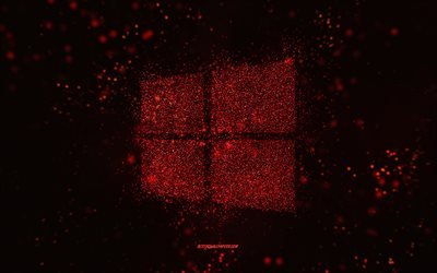 Windowsin glitter-logo, musta tausta, Windows-logo, punainen glitter-kuva, Windows, luova taide, Windowsin punainen glitter-logo