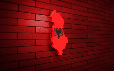 mappa albania, 4k, muro di mattoni rossi, paesi europei, sagoma mappa albania, bandiera albanese, europa, mappa albanese, albania, bandiera dell albania, mappa 3d albanese
