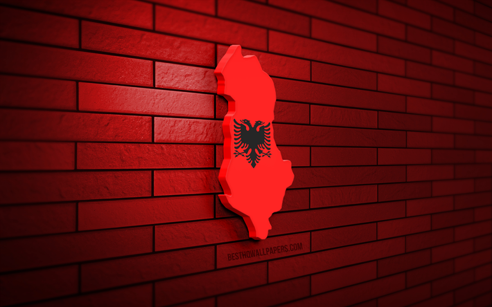 albania mapa, 4k, pared de ladrillo rojo, los pa&#237;ses europeos, la silueta del mapa de albania, la bandera de albania, europa, el mapa de albania, albania, el mapa 3d de albania