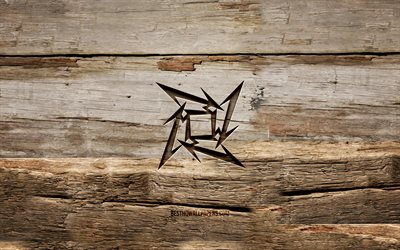 logotipo de madera de metallica, 4k, fondos de madera, estrellas de la m&#250;sica, logotipo de metallica, banda estadounidense de heavy metal, creativo, tallado en madera, metallica