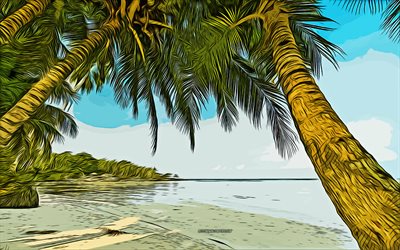 palmeras, islas tropicales, 4k, arte vectorial, dibujo de palmeras, arte creativo, arte de palmeras, dibujo vectorial, naturaleza abstracta