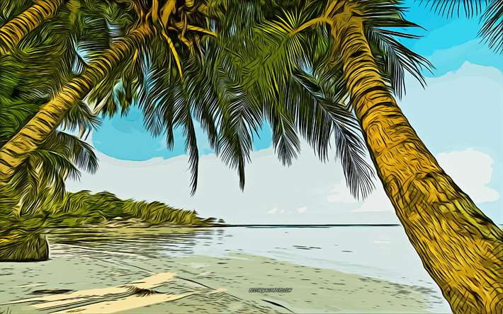 palmer, tropiska &#246;ar, 4k, vektorkonst, palmtr&#228;dteckning, kreativ konst, palmtr&#228;dkonst, vektorteckning, abstrakt natur