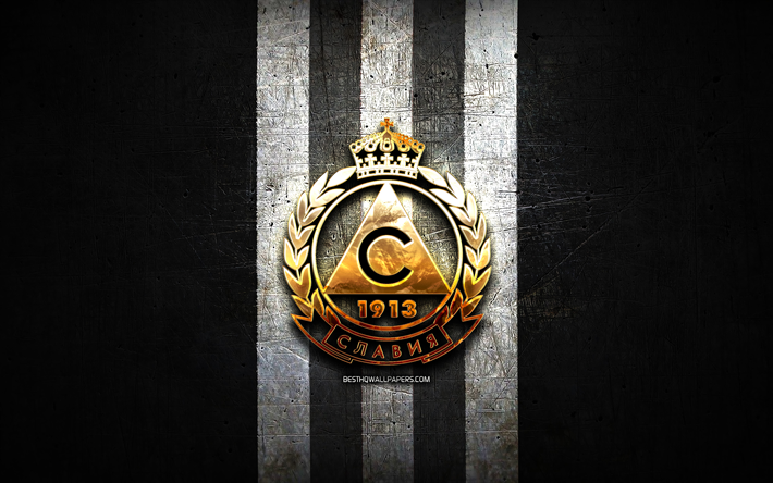 slavia sofia fc, logo dorato, parva liga, sfondo in metallo nero, calcio, squadra di calcio bulgara, logo slavia sofia, pfc slavia sofia