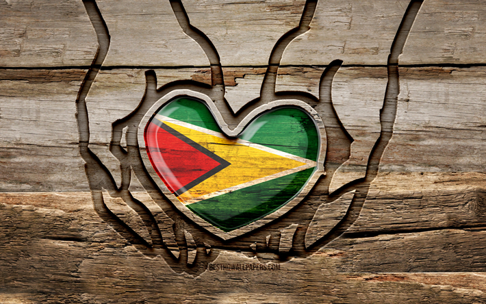 I love Guyana, 4K, wooden carving hands, Day of Guyana, Guyana flag, Flag of Guyana, Take care Guyana, creative, Guyana flag in hand, wood carving, South American countries, Guyana