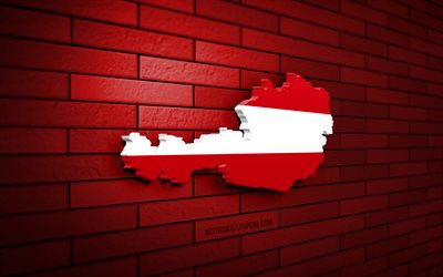 mappa dell austria, 4k, muro di mattoni rossi, paesi europei, sagoma della mappa dell austria, bandiera dell austria, europa, mappa austriaca, bandiera austriaca, austria, mappa 3d austriaca
