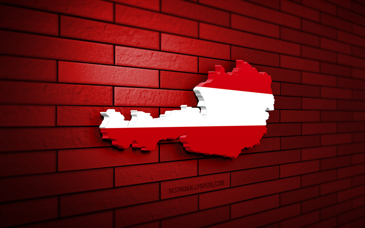 オーストリアの地図, 4k, 赤レンガの壁, ヨーロッパ諸国, オーストリアの地図のシルエット, オーストリアの旗, ヨーロッパ, オーストリア, オーストリアの3dマップ