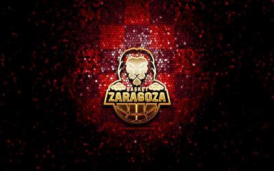 Basket Zaragoza, glitter logo, ACB, red purple checkered background, spanish basketball team, Basket Zaragoza logo, mosaic art, basketball, Basket Zaragoza 2002 SAD