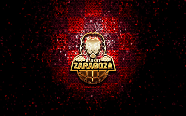 Basket Zaragoza, glitter logo, ACB, red purple checkered background, spanish basketball team, Basket Zaragoza logo, mosaic art, basketball, Basket Zaragoza 2002 SAD