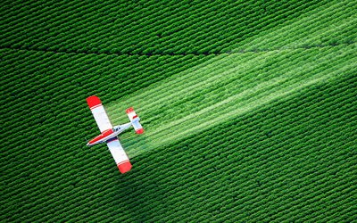 aerial view, flying plane, field pollination, agriculture, summer, green feilds, beautiful nature, HDR, red plane, agriculture concepts