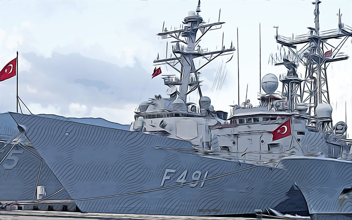 TCG Giresun, F-491, 4k, vector art, TCG Giresun drawing, Turkish Naval Forces, creative art, TCG Giresun art, F491, vector drawing, abstract ships, TCG Giresun F-491, Turkish Navy
