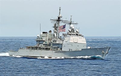 USS Lake Champlain, 4k, vector art, CG-57, guided-missile cruisers, United States Navy, US army, abstract ships, battleship, US Navy, Ticonderoga-class, USS Lake Champlain CG-57