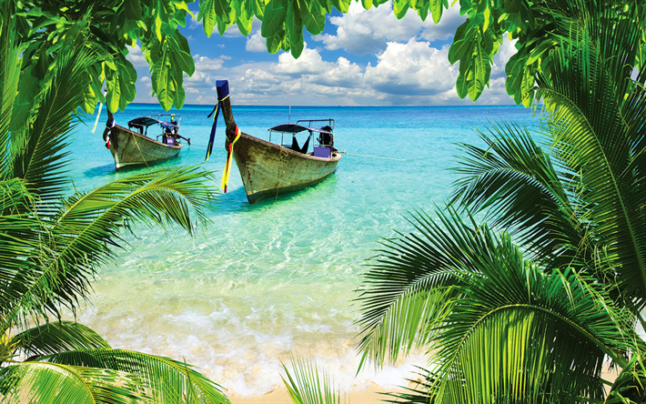 熱帯の島々, 海洋, 夏, ボート, タイ, ヤシの木, 夏の旅