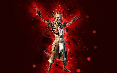 Skeleton King Oro, 4k, red neon lights, Fortnite Battle Royale, Fortnite characters, Skeleton King Oro Skin, Fortnite, Skeleton King Oro Fortnite
