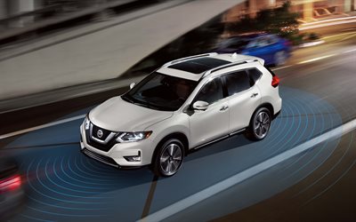 Nissan Rogue, 2018, 4k, exterior, front view, new white Rogue, new technologies, Japanese cars, Nissan