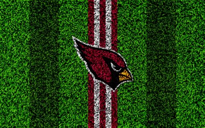 Arizona Cardinals, logo, 4k, grama textura, emblema, futebol gramado, roxo linhas brancas, A Liga Nacional De Futebol, NFL, Arizona, EUA, Futebol americano
