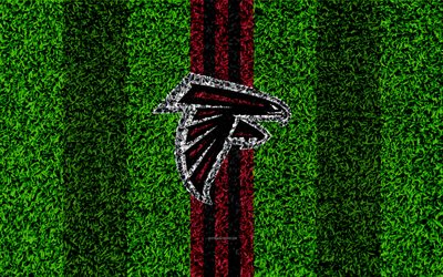Atlanta Falcons, logo, 4k, erba texture, emblema, calcio prato, viola, nero, linee, Lega Nazionale di Football americano, NFL, Atlanta, Georgia, stati UNITI, football Americano