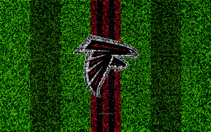 Atlanta Falcons, logo, 4k, ruohon rakenne, tunnus, jalkapallo nurmikko, violetti musta linjat, National Football League, NFL, Atlanta, Georgia, USA, Amerikkalainen jalkapallo