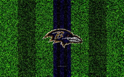 Baltimore Ravens, logo, 4k, grass texture, emblem, football lawn, blue black lines, National Football League, NFL, Baltimore, Maryland, USA, American football