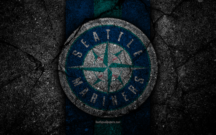 4k, Marineros de Seattle, logotipo, MLB, b&#233;isbol, estados UNIDOS, piedra negra, de la Liga Mayor de B&#233;isbol, asfalto textura, arte, club de b&#233;isbol de los Seattle Mariners logotipo