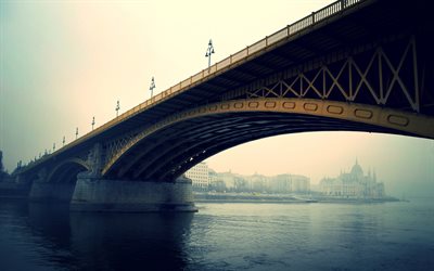 Petofi Bridge, Budapest, Donau, dimma, morgon, river, Ungern, sev&#228;rdheter