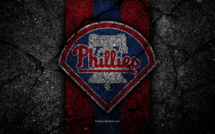 4k, Philadelphia Phillies, logo, MLB, baseball, USA, pietra nera, Major League di Baseball, asfalto, texture, arte, club di baseball Philadelphia Phillies logo
