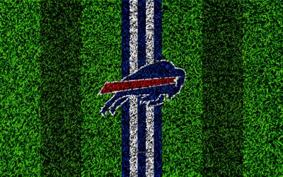 Buffalo Bills, logo, 4k, grass texture, emblem, football lawn, blue-white lines, National Football League, NFL, Buffalo, New York, USA, American football