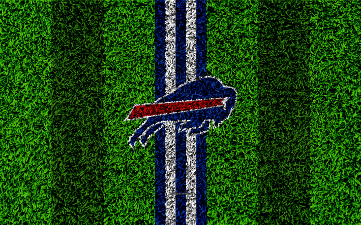 Buffalo Bills, logo, 4k, grama textura, emblema, futebol gramado, azul-linhas brancas, A Liga Nacional De Futebol, NFL, Buffalo, Nova York, EUA, Futebol americano